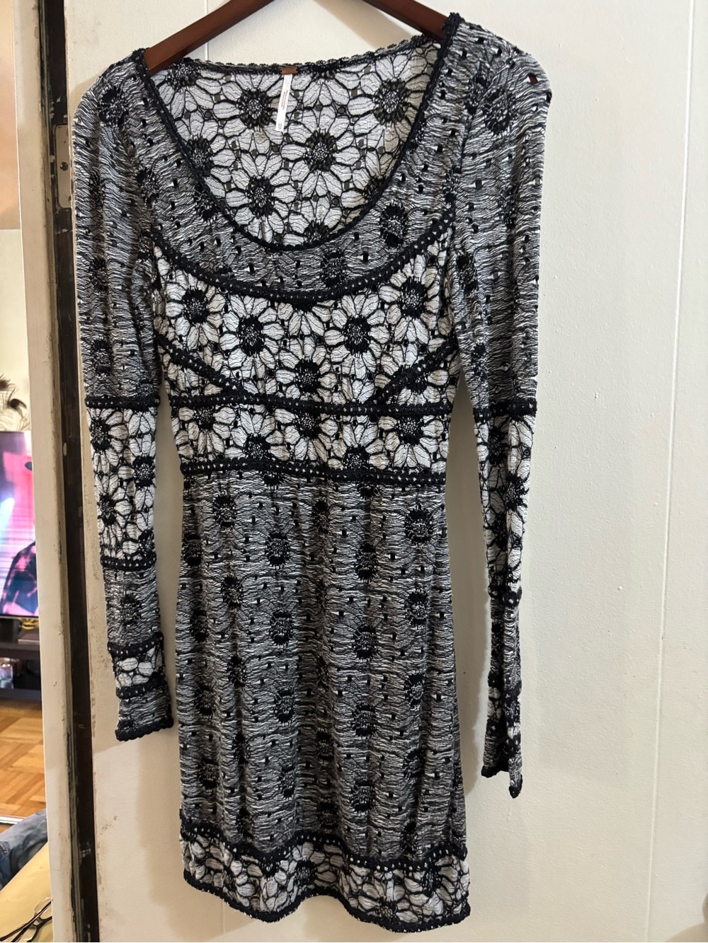 Free People Black and White Crochet Lace Long Sleeve Dress